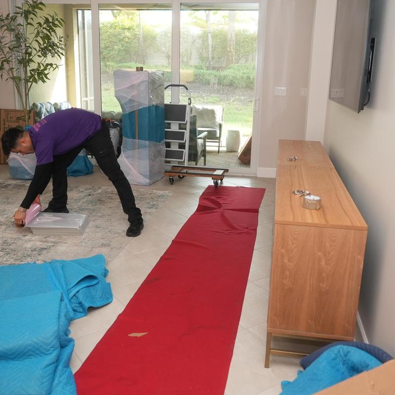 Furniture moving with floor and door protection in living room
