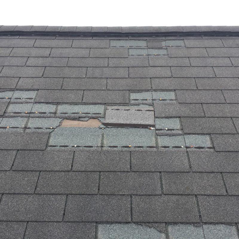 Asphalt shingles with hail damage and missing granules