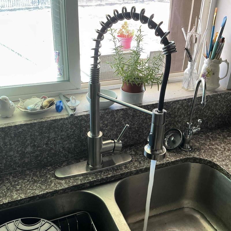 Kitchen faucet with flexible spring neck running water