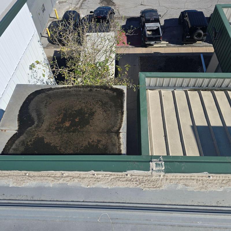 Commercial roof drainage pan with standing water and debris Commercial roof drainage pan with standing water and debris