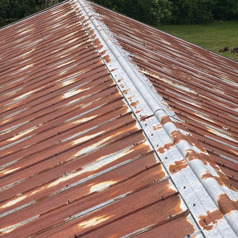 Metal roof panels with rust and corrosion damage