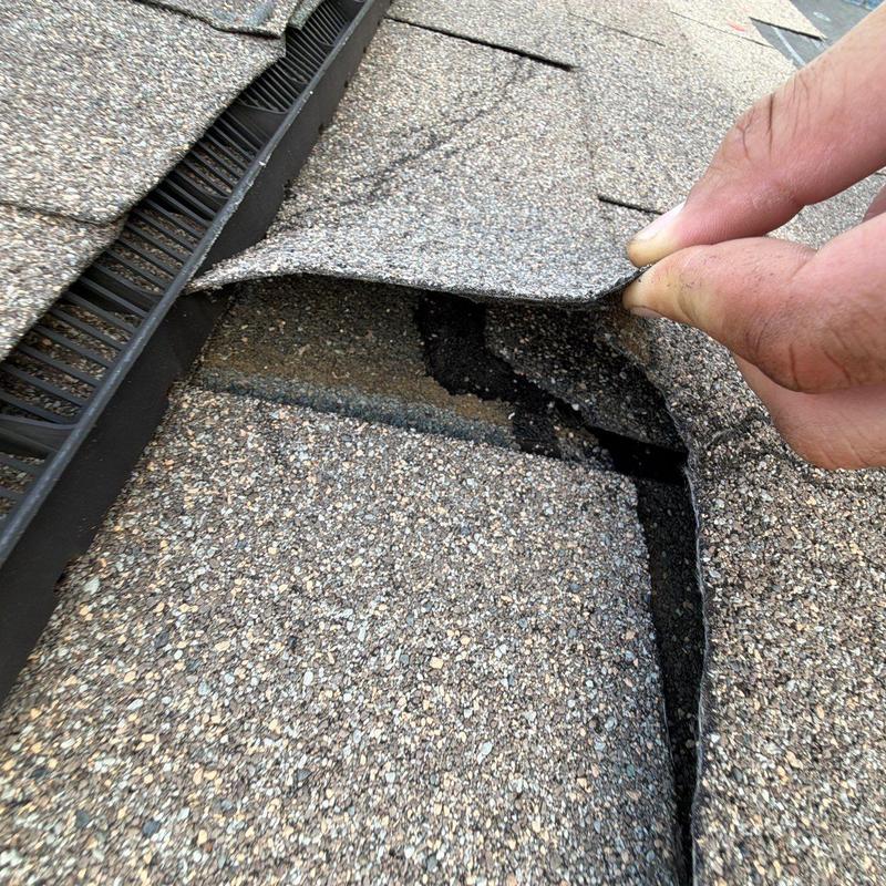 Asphalt roof shingles lifted to inspect damage