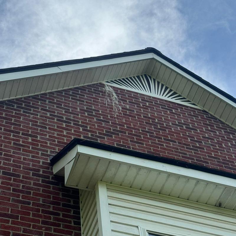 Roof gable vent with spider web and brick siding