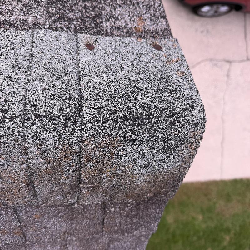 Asphalt shingle roof with missing granules and damage Asphalt shingle roof with missing granules and damage