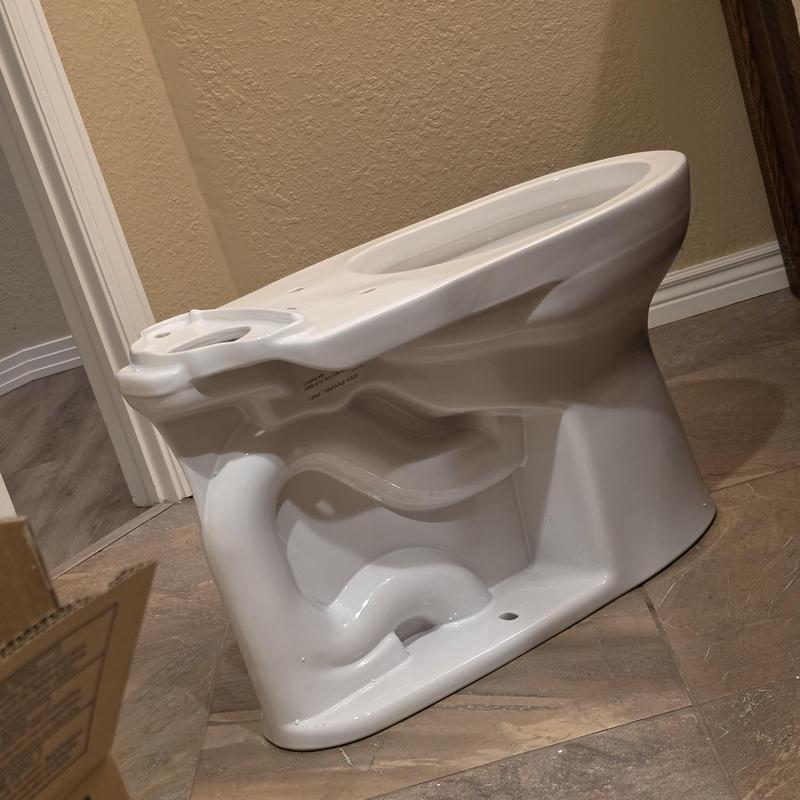 One-piece toilet bowl on tiled floor in bathroom