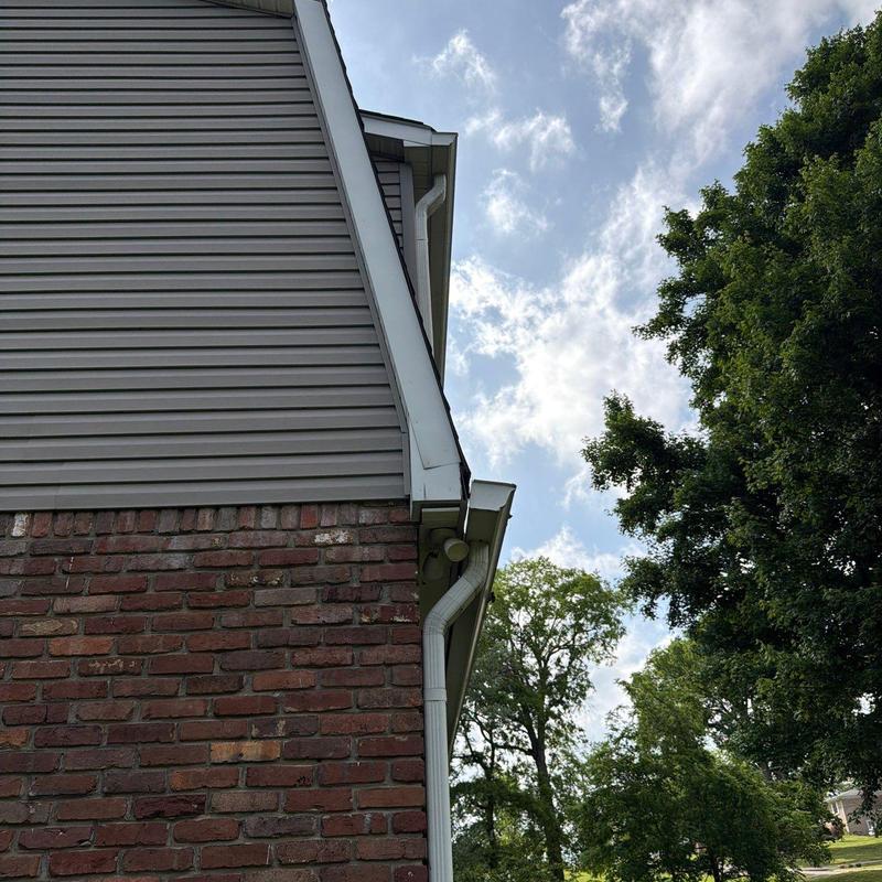 Gutter downspout and roof edge with siding and brick wall