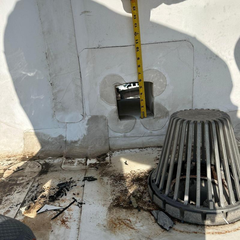Roof drain and flashing patch with measurement tape Roof drain and flashing patch with measurement tape
