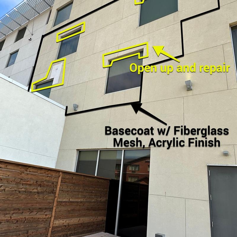 Stucco basecoat with fiberglass mesh and finish Stucco basecoat with fiberglass mesh and finish