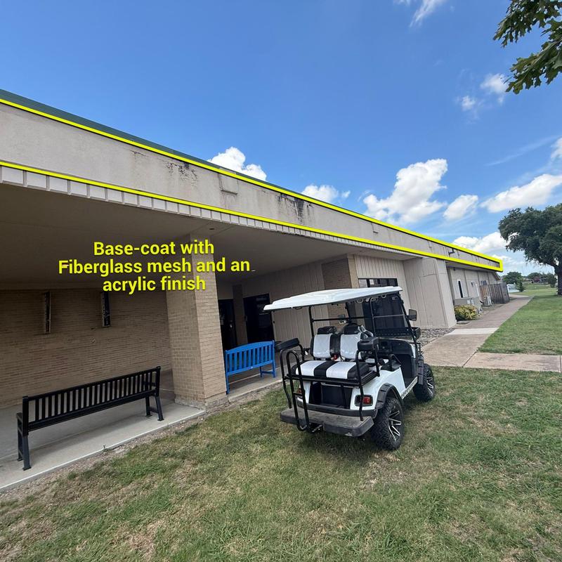 Building fascia with fiberglass mesh and acrylic finish Building fascia with fiberglass mesh and acrylic finish