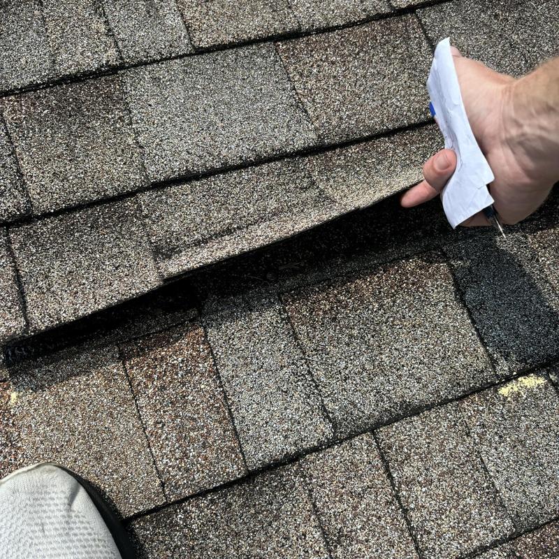 Asphalt shingles lifting showing hail damage and wear Asphalt shingles lifting showing hail damage and wear