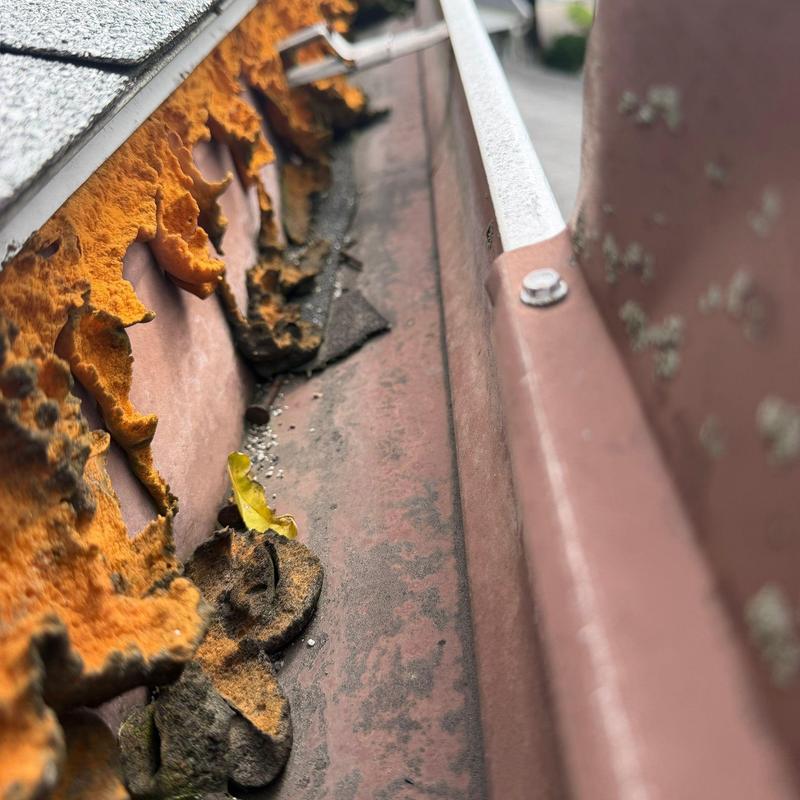 Gutter rust residue and deteriorated sealant on flashing Gutter rust residue and deteriorated sealant on flashing