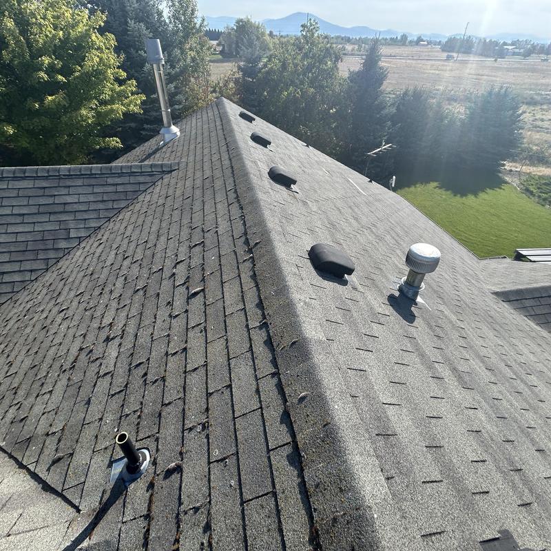 Asphalt shingle roof with multiple vents and wear