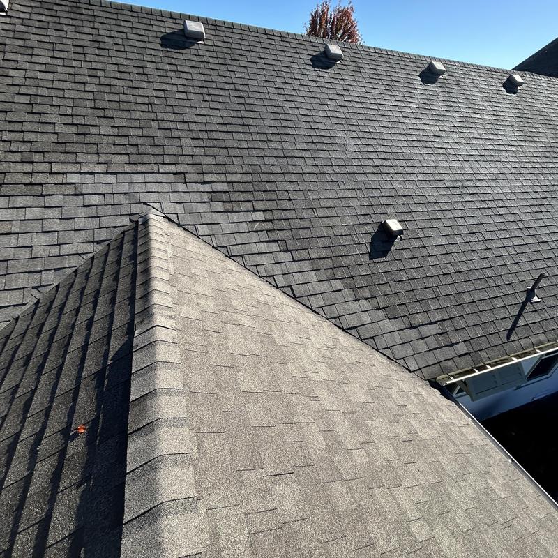 Roof valley with new and worn shingles, moss cleaned