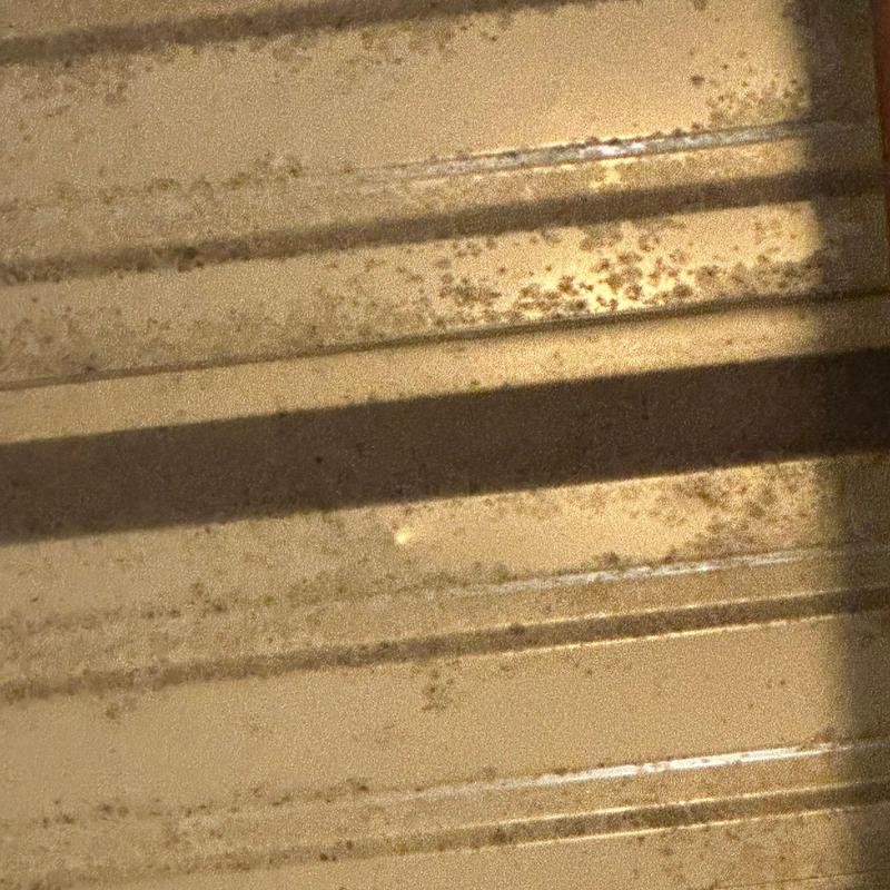 Metal roof panel with hail damage and rust spots Metal roof panel with hail damage and rust spots