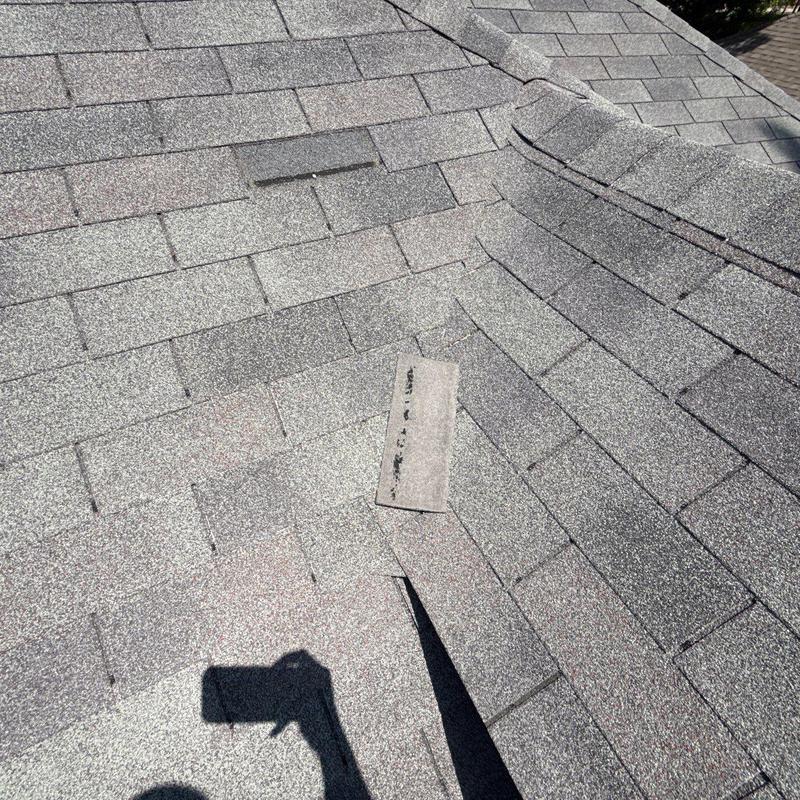 Asphalt roof shingles with visible damage after storm Asphalt roof shingles with visible damage after storm