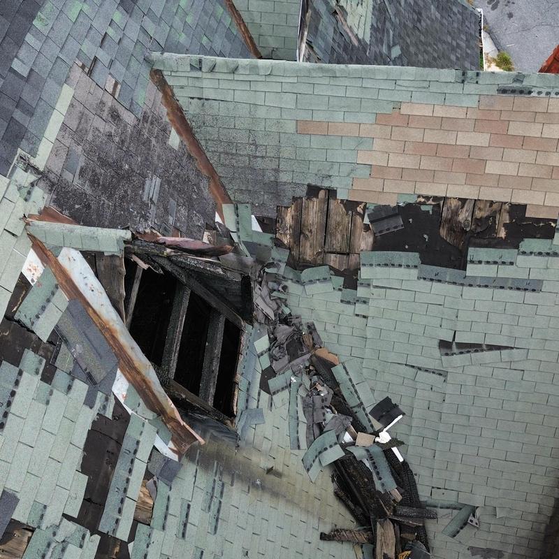 Roof shingles and decking fire damage inspection Roof shingles and decking fire damage inspection