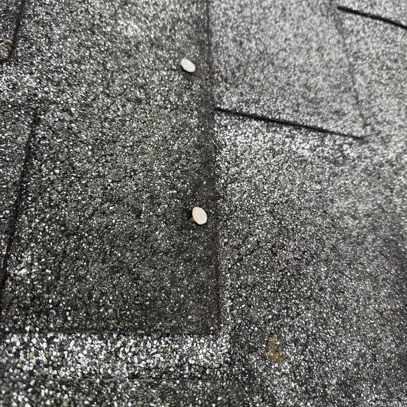 Roof shingles with exposed nail heads and wear Roof shingles with exposed nail heads and wear