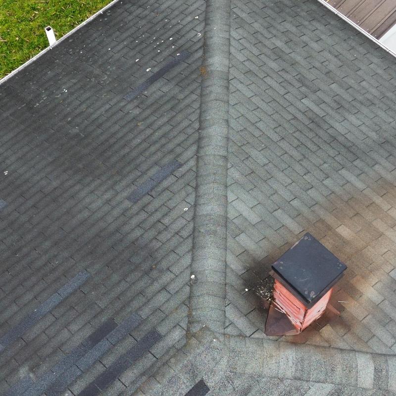 Asphalt shingle roof with chimney and storm damage inspection Asphalt shingle roof with chimney and storm damage inspection