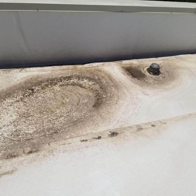 Roof drain with surrounding water damage staining Roof drain with surrounding water damage staining