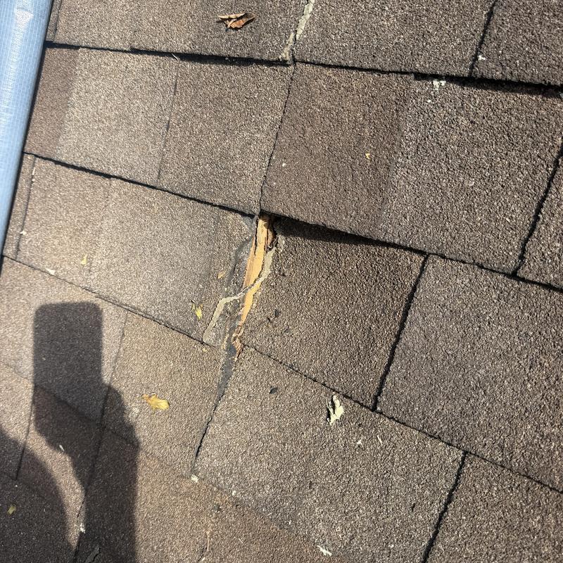 Asphalt roof shingle with crack and wood exposure Asphalt roof shingle with crack and wood exposure