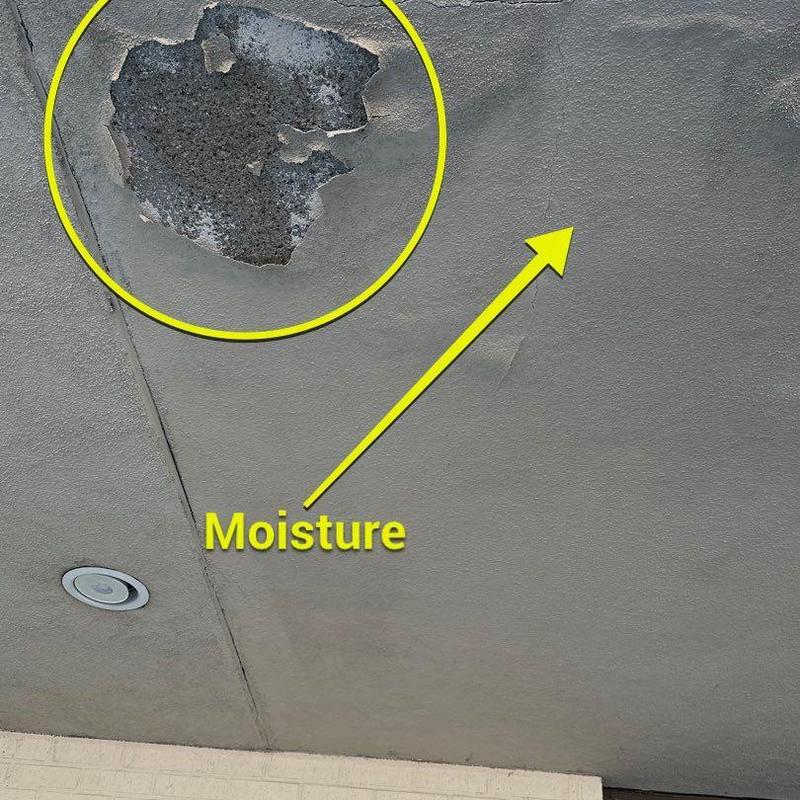 Concrete ceiling with moisture damage and spalling area Concrete ceiling with moisture damage and spalling area