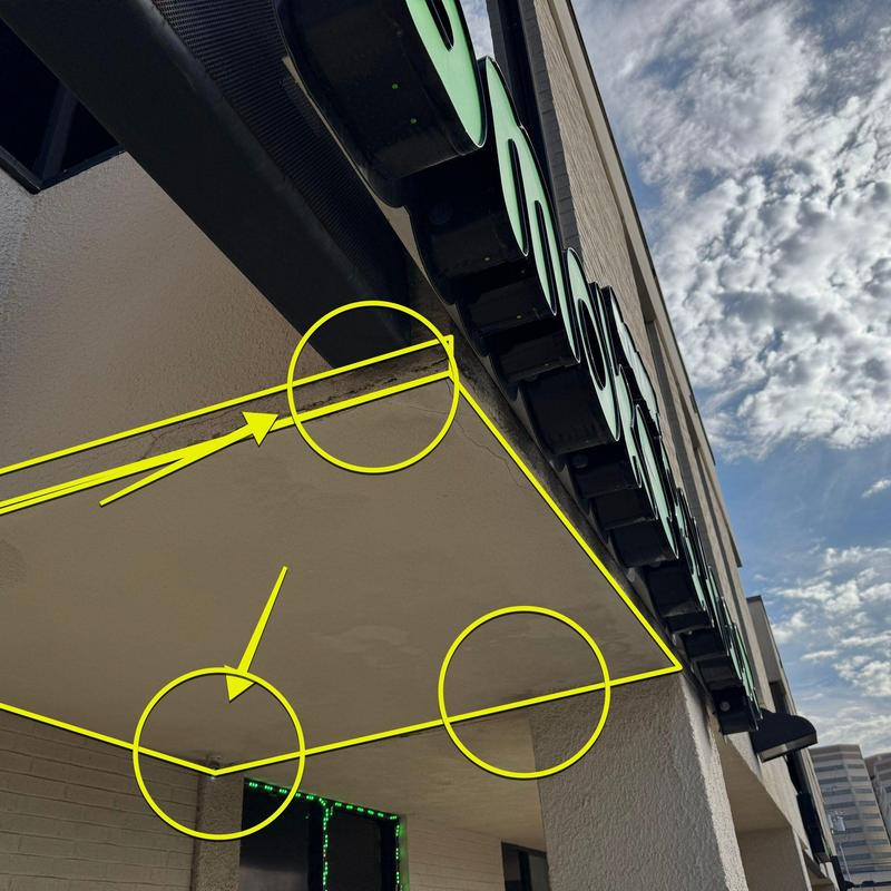 Commercial stucco ceiling with damage markings Commercial stucco ceiling with damage markings