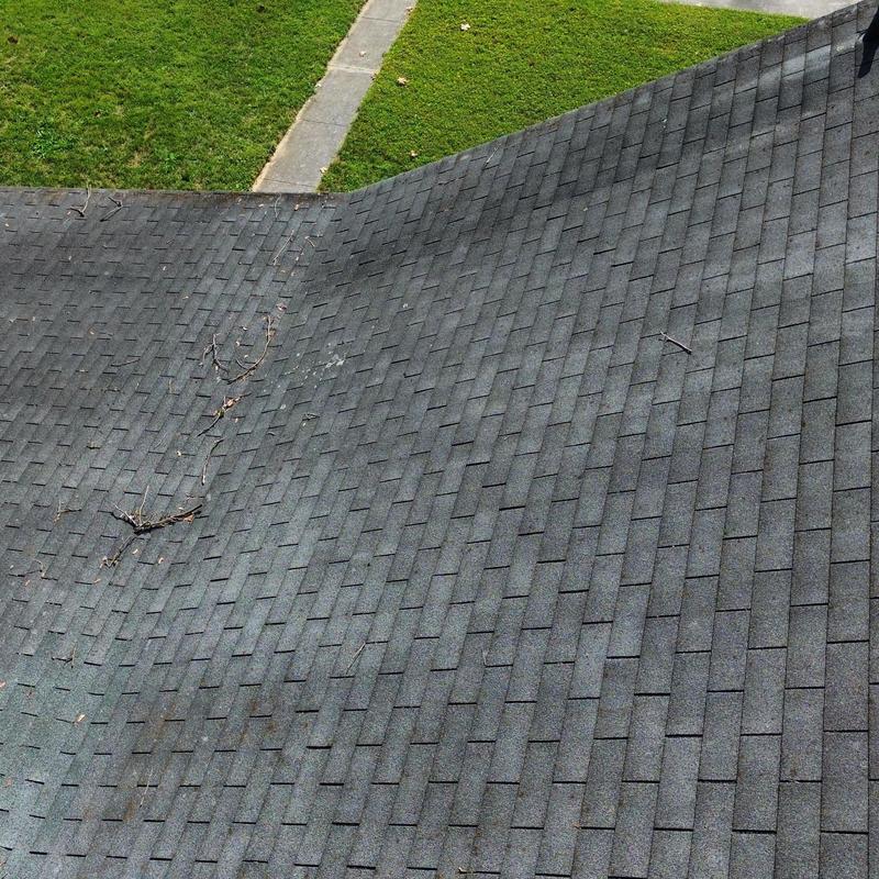 Asphalt shingle roof showing minor damage and debris Asphalt shingle roof showing minor damage and debris