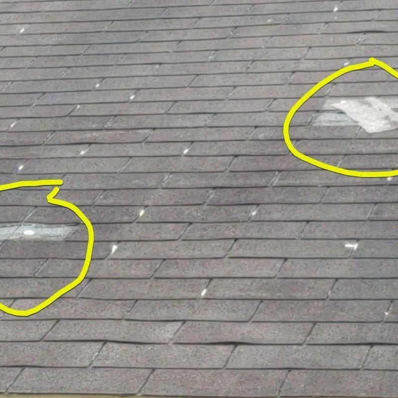 Asphalt shingle roof with hail damage spots circled