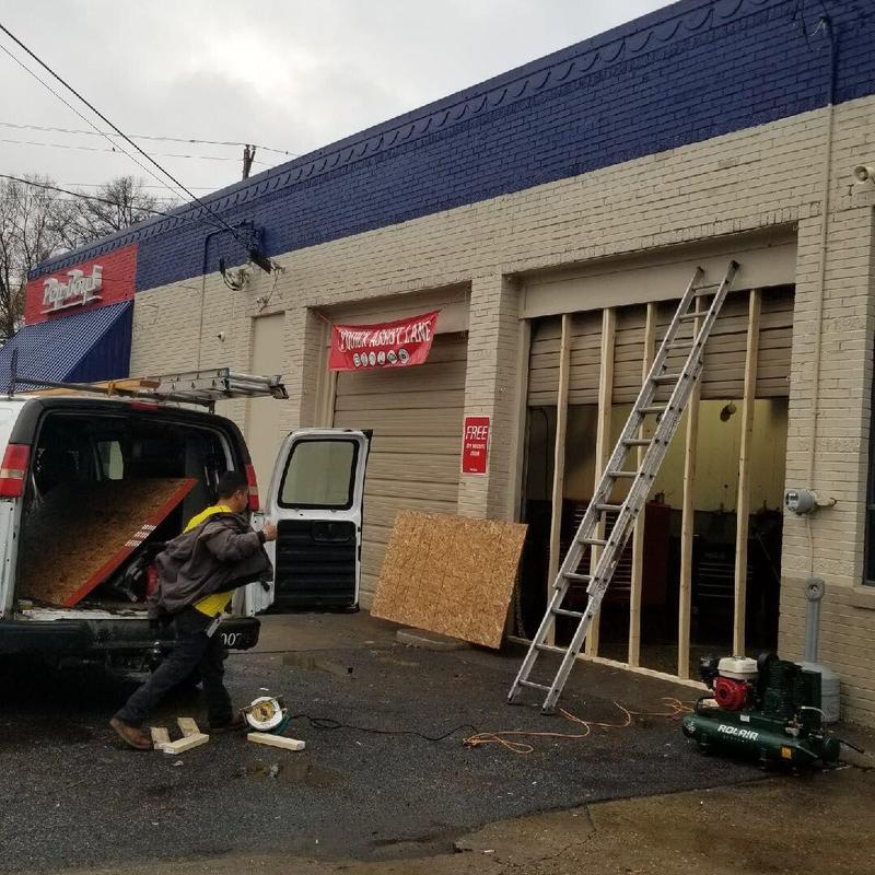 Service-bay framing and sheathing repair at Pep Boys