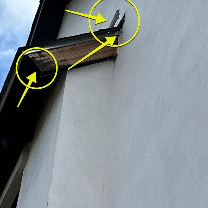 Gutter fascia and soffit wood damage on exterior wall Gutter fascia and soffit wood damage on exterior wall