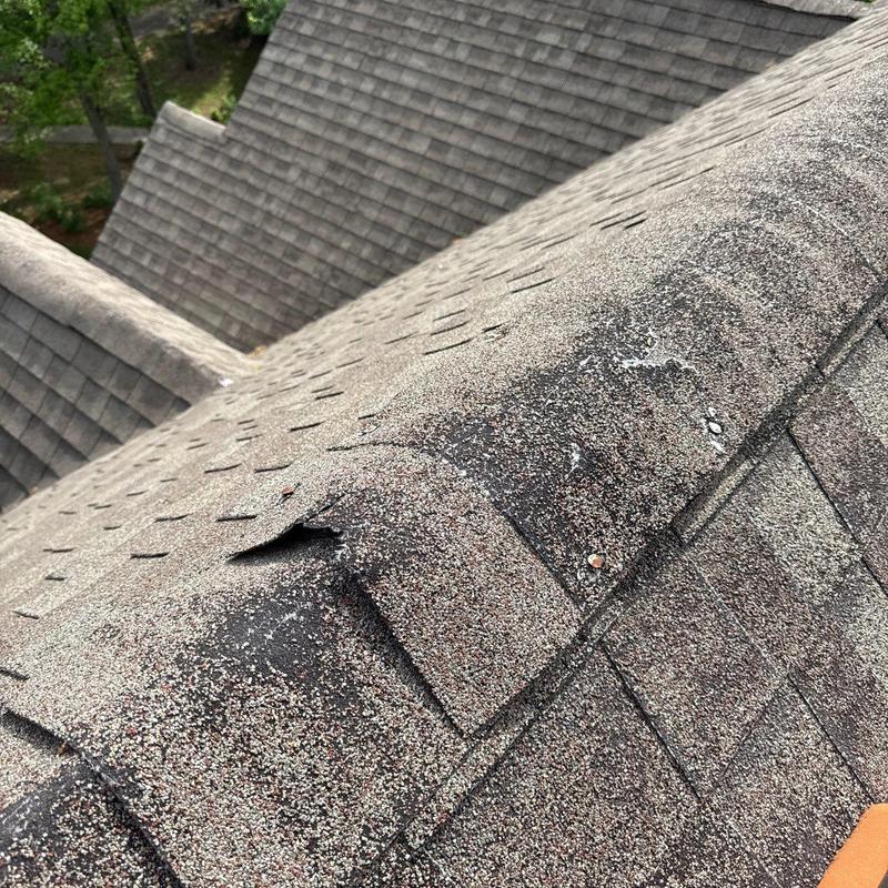 Roof ridge shingles with lifting and damage