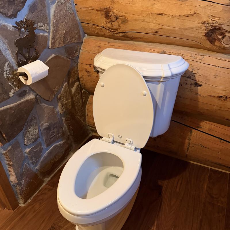 Toilet with open lid in log cabin bathroom Toilet with open lid in log cabin bathroom