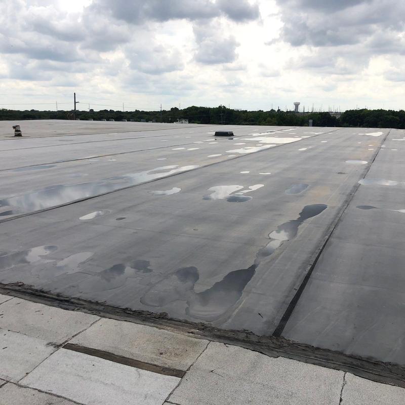 Commercial flat roofing with water pooling patches Commercial flat roofing with water pooling patches