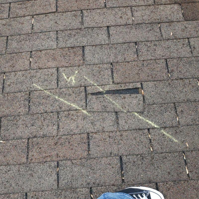 Asphalt shingle roof with marked damaged shingles