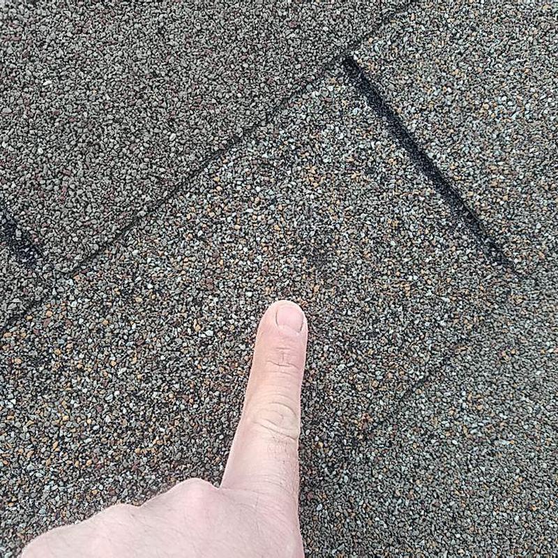 Architectural shingle roof with finger pointing at damage