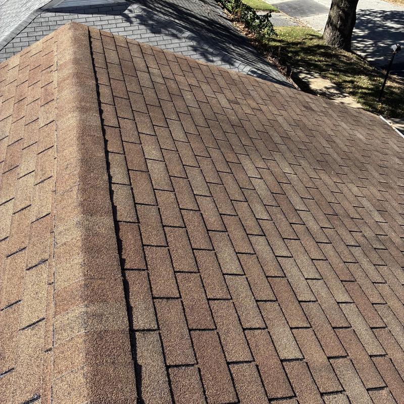 Asphalt shingle roof with ridge cap and minor damage visible