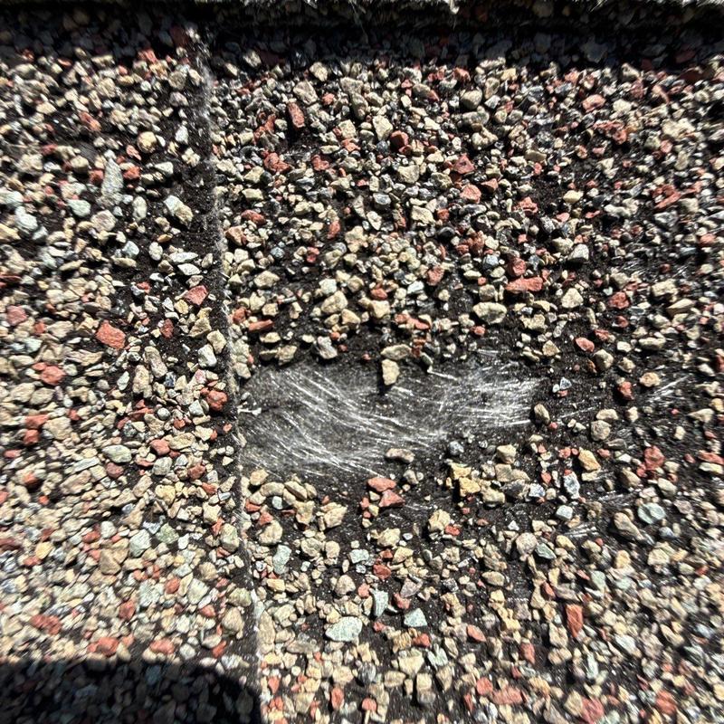 Shingle granules missing showing roof surface damage