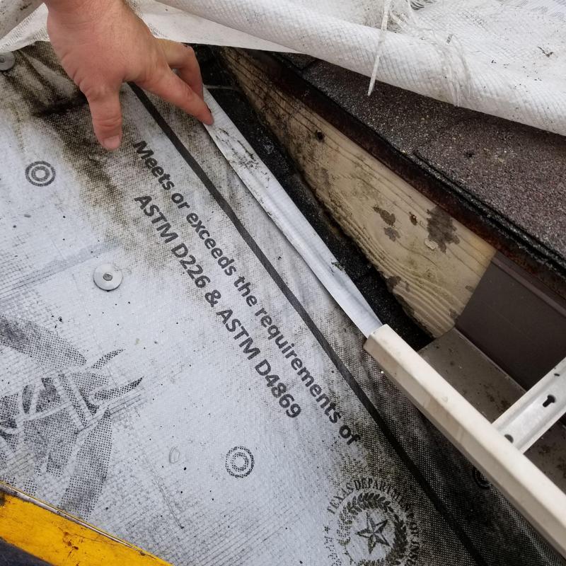 Roof underlayment inspection near roof edge and gutter Roof underlayment inspection near roof edge and gutter