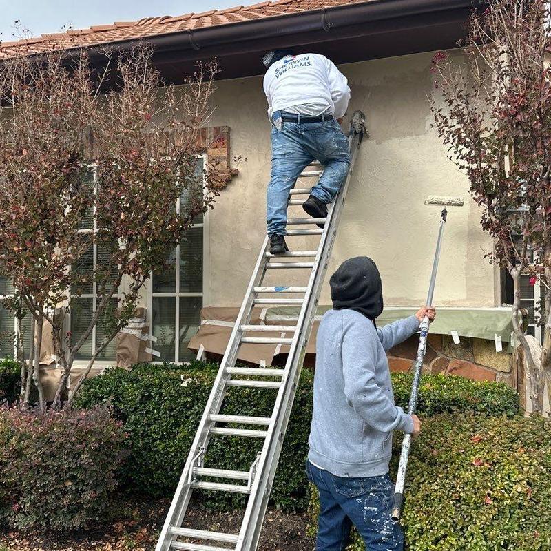 Stucco exterior painting with ladder and rollers Stucco exterior painting with ladder and rollers
