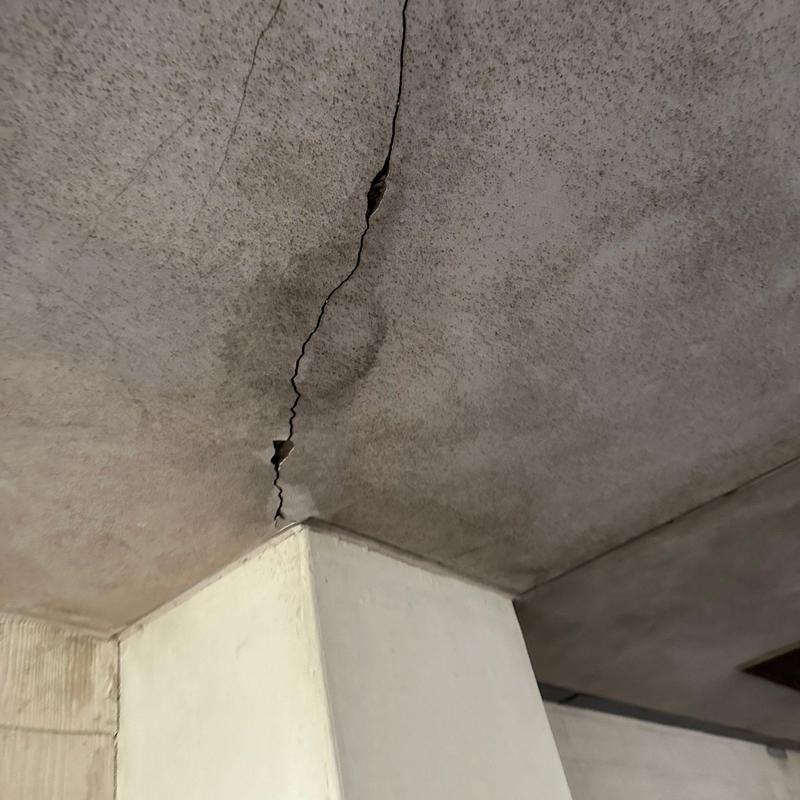 Stucco ceiling crack and damage near column Stucco ceiling crack and damage near column