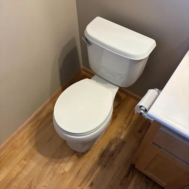Toilet with tank in bathroom corner and wooden floor