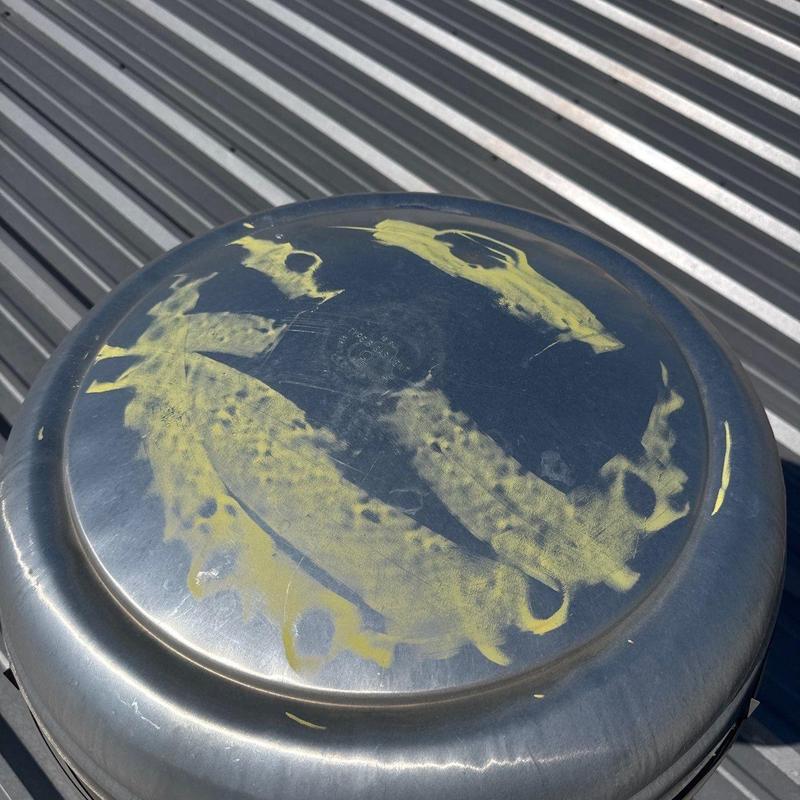 Metal roof panel with hail damage markings