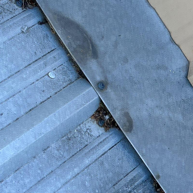 Metal roof panel with hail damage dents and fasteners