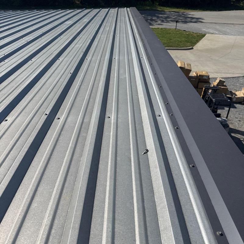 Metal roof panels with fasteners and edge flashing