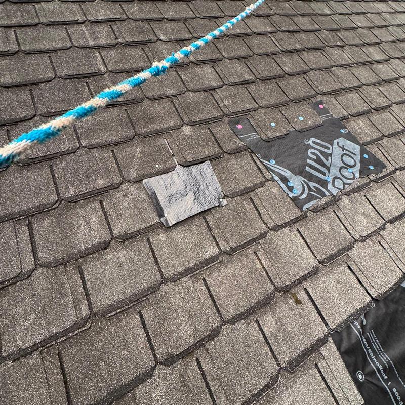 Asphalt shingles with storm damage patch and inspection rope