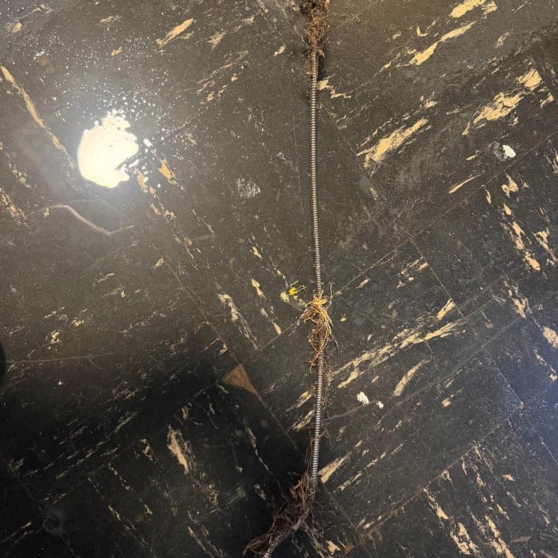 Drain snake with debris on dark tile floor