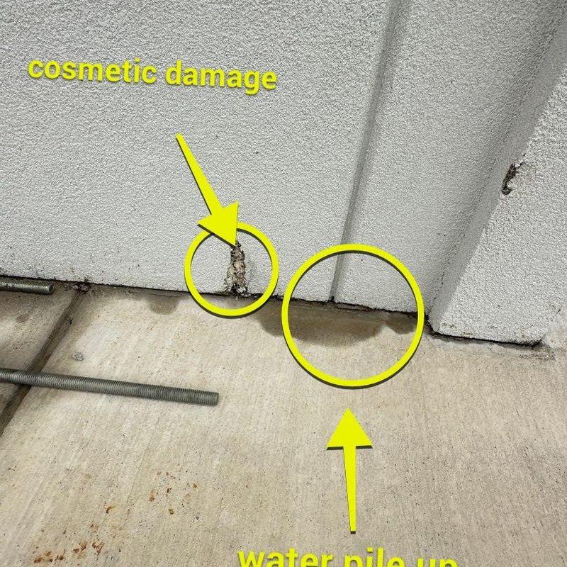 Stucco wall cosmetic damage and water buildup Stucco wall cosmetic damage and water buildup