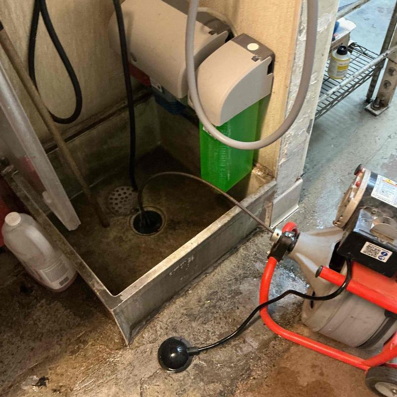 Drain line with rigid drum snake clearing clog