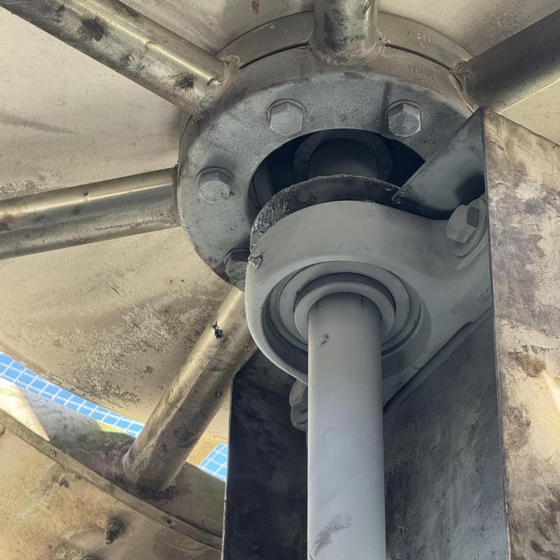 Cooling tower fan motor shaft and bearing assembly close-up Cooling tower fan motor shaft and bearing assembly close-up