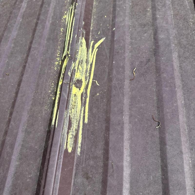 Metal roof panel with marked damage streaks